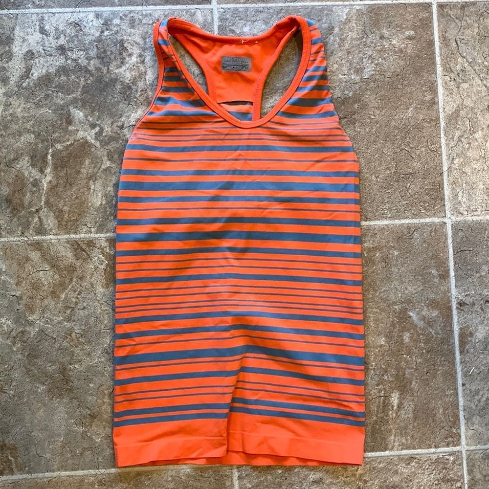 Women’s Athleta Striped Neon Orange Gray Racerback Fitted Athletic Tank Top